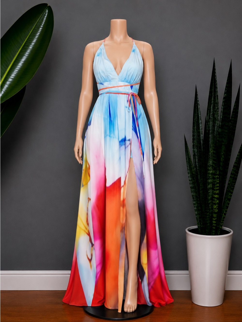 Multi-Color Watercolor Maxi Dress with Open Back
